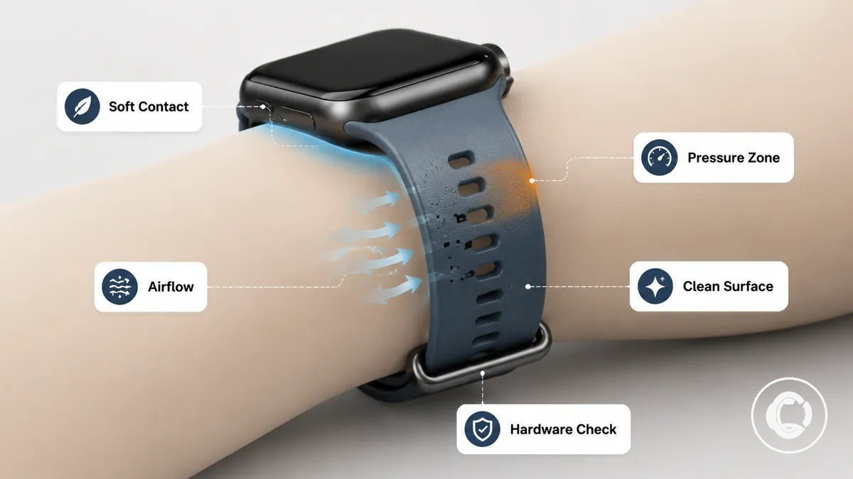 Bracelet de montre connectée annoté montrant la zone de contact, la pression au poignet, la fermeture et une surface propre