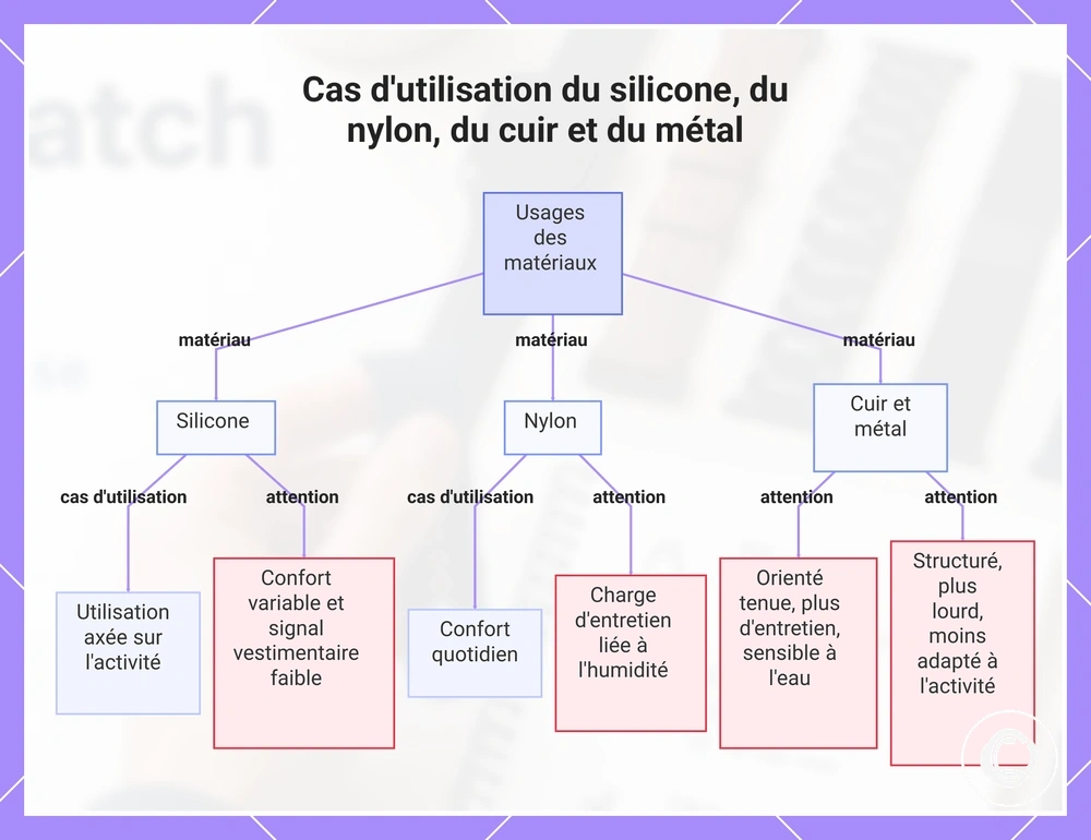 Cas d'utilisation du silicone, du nylon, du cuir et du métal