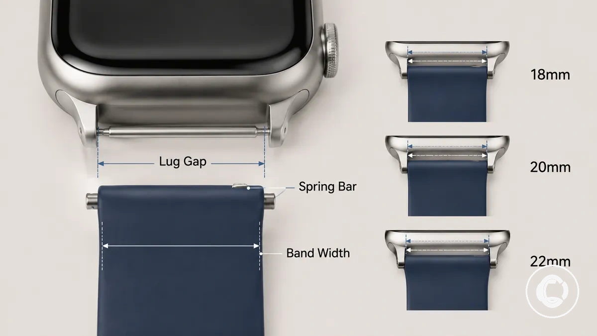 Gros plan sur la largeur d un bracelet de montre connectée et la mesure des cornes avec indication en millimètres