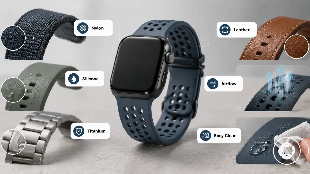 Comparaison des matériaux de bracelets de montre connectée montrant la surface de contact, le comportement face à l'humidité et les considérations de sensibilité