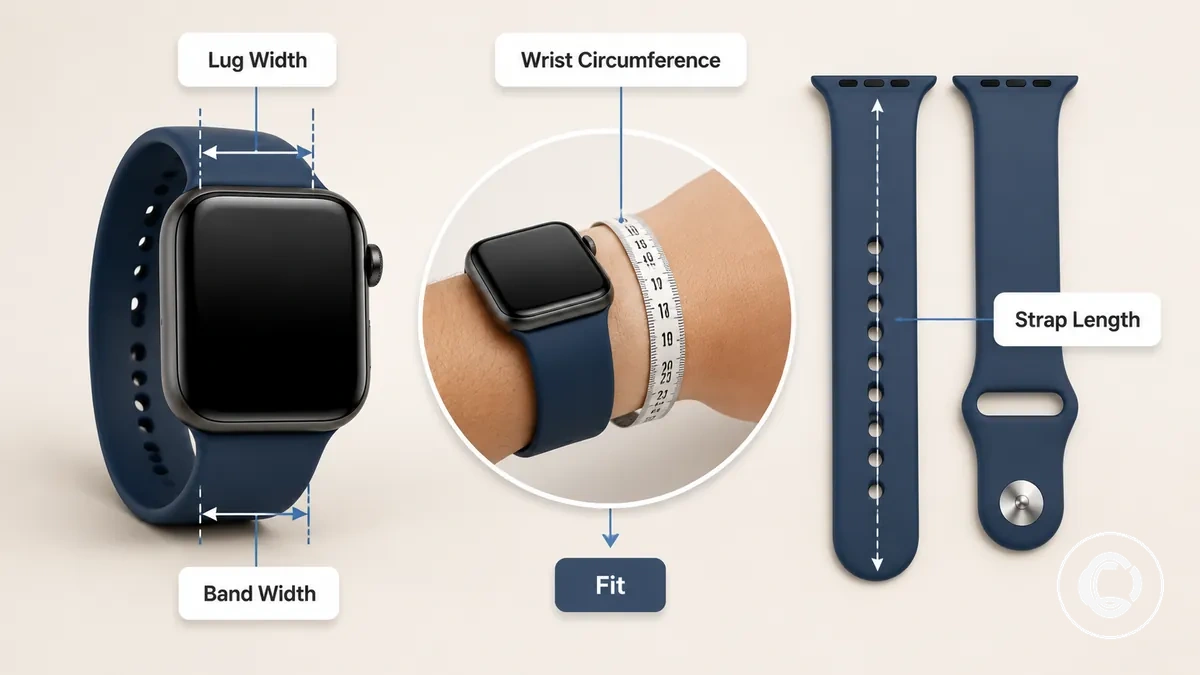 mesures du bracelet de montre connectée montrant la largeur des cornes, le tour de poignet et la longueur de bracelet