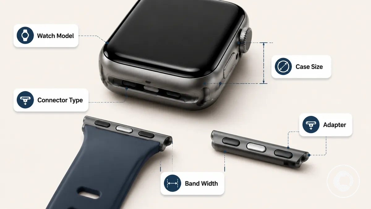 Montre connectée annotée montrant la zone du modèle de montre, la taille du boîtier et le type de connecteur du bracelet