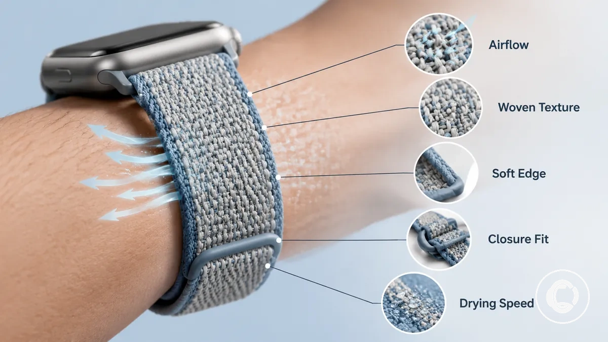 Gros plan d'un bracelet en nylon respirant et tissu tissé montrant la texture tissée, le bord du bracelet, la zone de fermeture, le contact au poignet et la circulation d'air