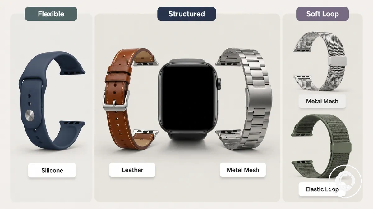 Principaux styles de construction de bracelets de montre connectée incluant le silicone, le cuir, le mesh métallique, le nylon et les bracelets boucle élastique