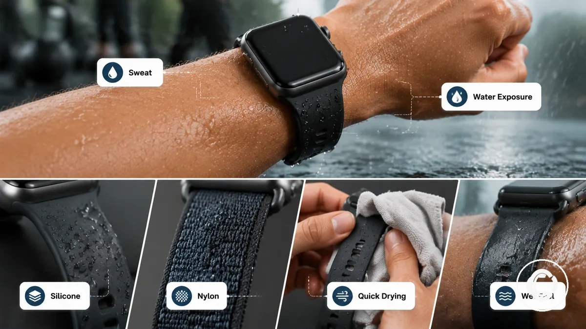 Exemples d humidité sur bracelet de montre connectée pour la transpiration, l exposition à l eau et le séchage
