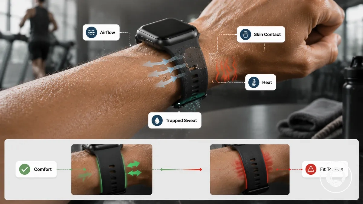 Zones de contact du bracelet de montre connectée qui affectent la respirabilité et la chaleur pendant l exercice