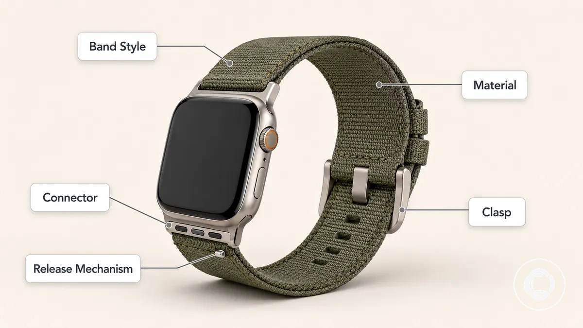 Diagramme séparant les attributs du style de bracelet, du matériau, du fermoir et du connecteur de montre connectée