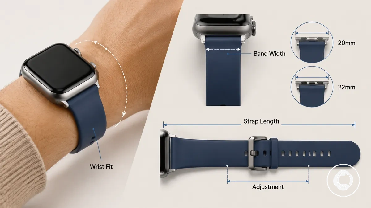 Diagramme des tailles de bracelet de montre connectée montrant la largeur du bracelet, la longueur de la sangle et les mesures d ajustement au poignet