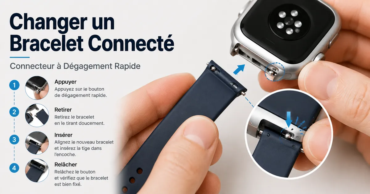 Mains remplaçant un bracelet de montre connectée avec un connecteur à dégagement rapide