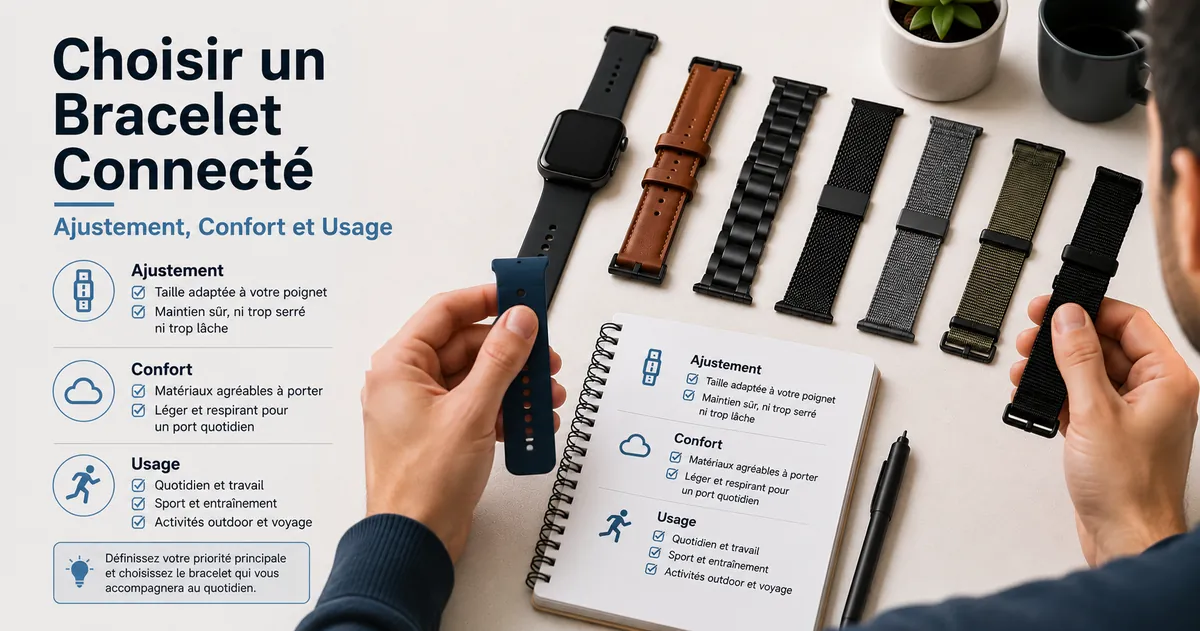 Personne comparant des bracelets de montre connectée selon l’ajustement, le confort et l’usage prévu