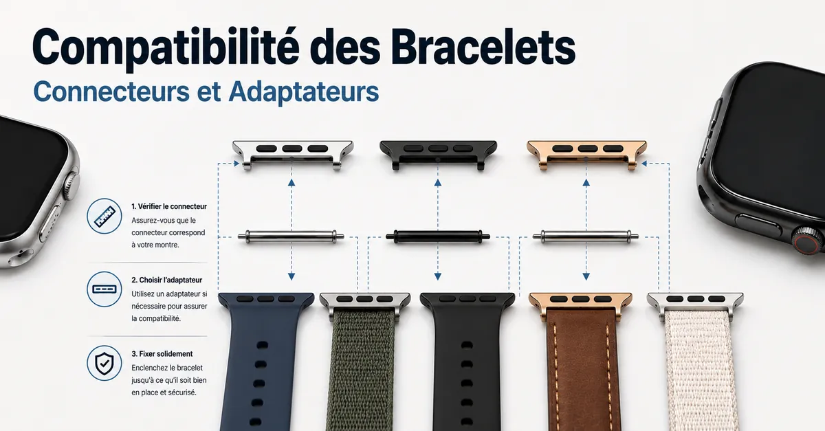 Connecteurs, adaptateurs et extrémités de bracelet utilisés pour vérifier la compatibilité d’une montre connectée