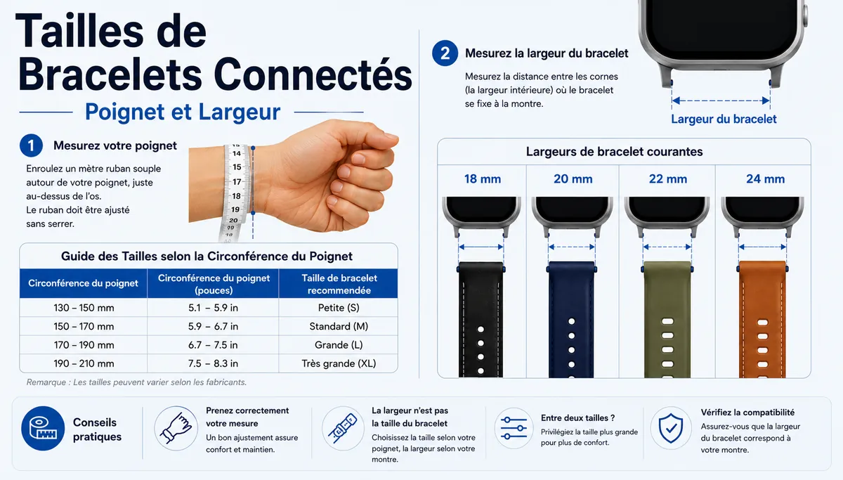 Guide des tailles de bracelets de montre connectée avec exemples de tour de poignet et de largeur