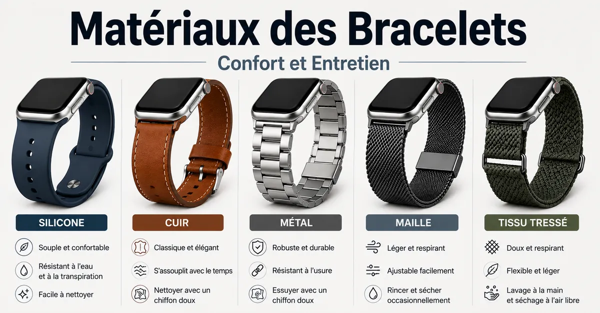 Bracelets de montre connectée en silicone, cuir, métal, maille et matériaux tissés