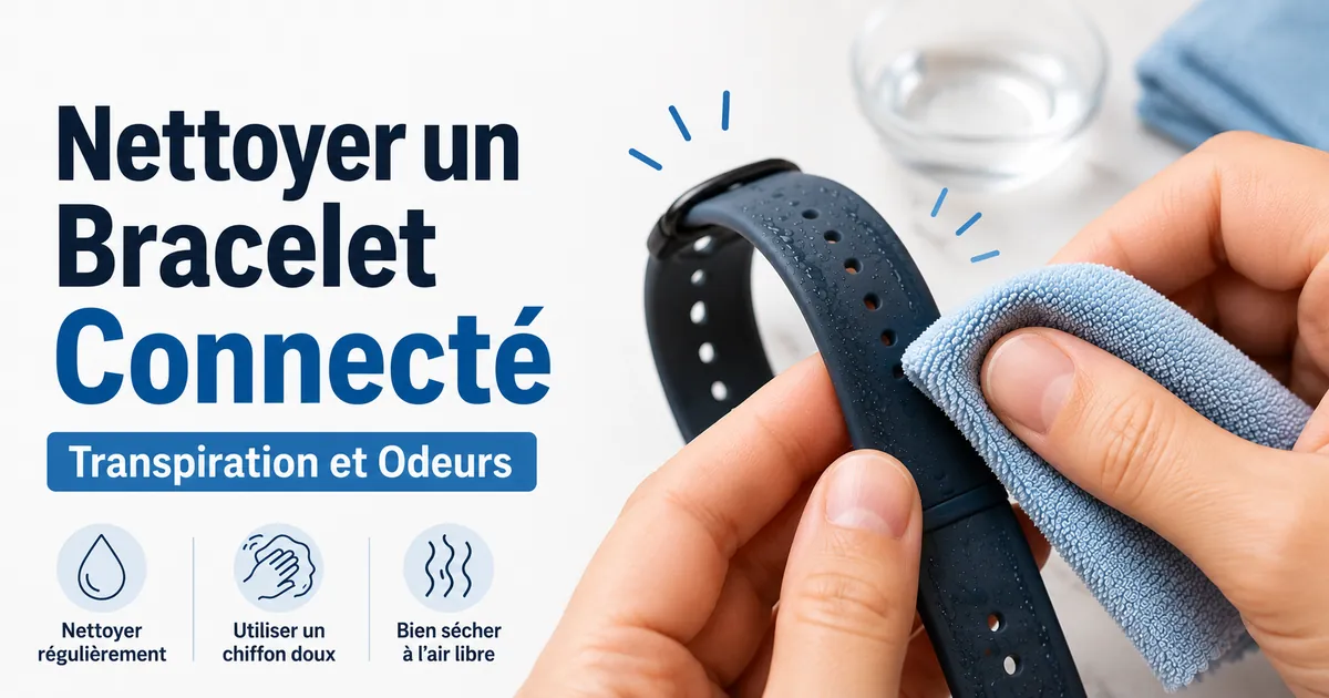Bracelet de montre connectée nettoyé avec un chiffon pour enlever la transpiration et les odeurs accumulées