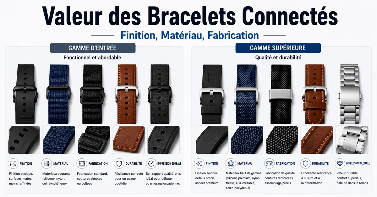 Bracelets de montre connectée abordables et haut de gamme comparés selon la finition, le matériau et la qualité de fabrication