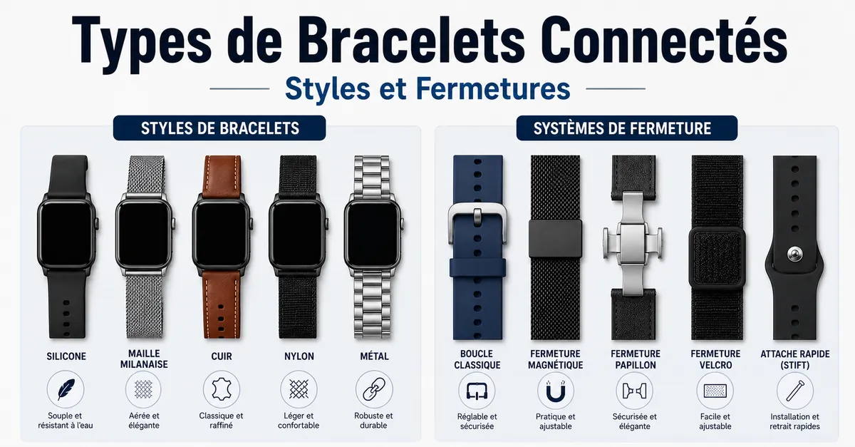 Différents types de bracelets de montre connectée classés par style et système de fermeture