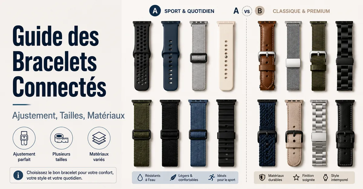 Différents bracelets de montre connectée avec plusieurs tailles, matériaux et styles