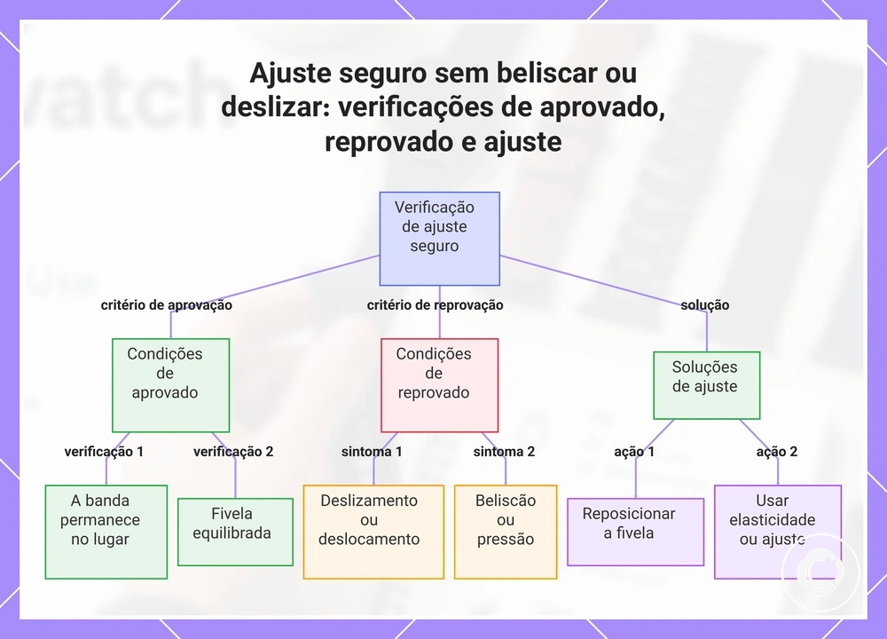 Ajuste seguro sem beliscar ou deslizar: verificações de aprovado, reprovado e ajuste