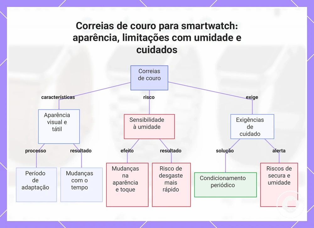 Correias de couro para smartwatch: aparência, limitações com umidade e cuidados