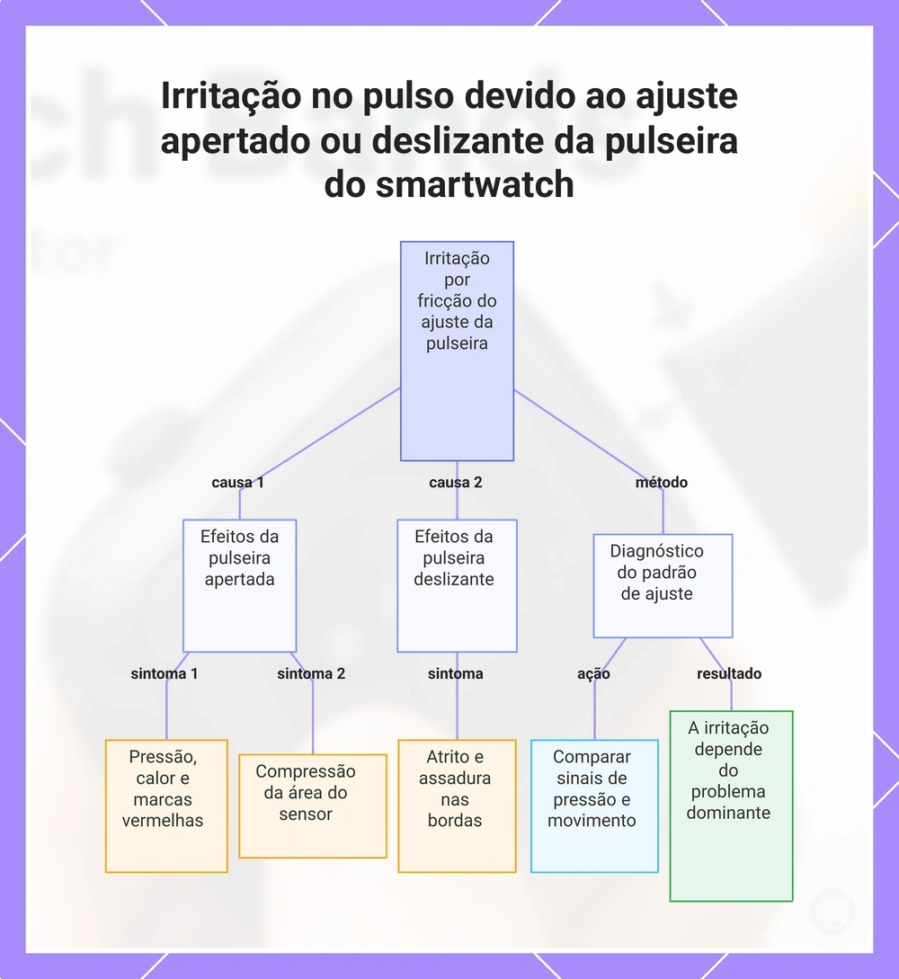 Irritação no pulso devido ao ajuste apertado ou deslizante da pulseira do smartwatch