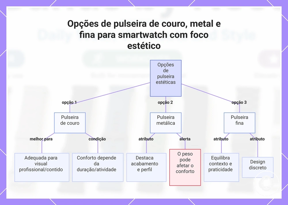 Opções de pulseira de couro, metal e fina para smartwatch com foco estético
