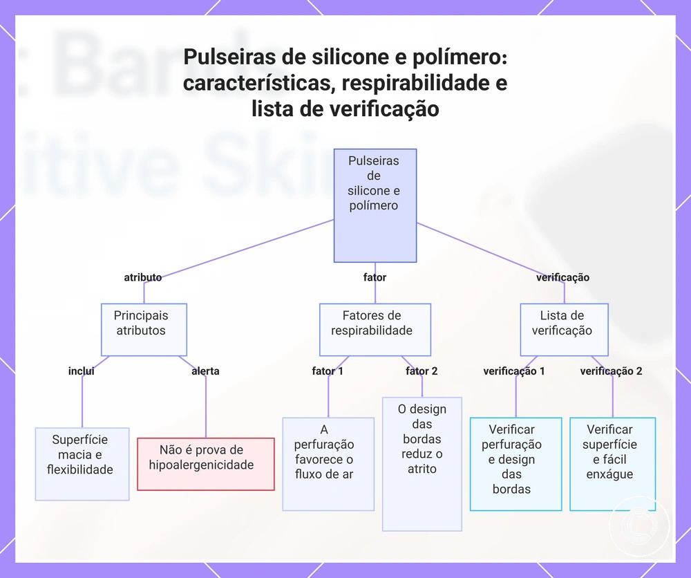 Pulseiras de silicone e polímero: características, respirabilidade e lista de verificação