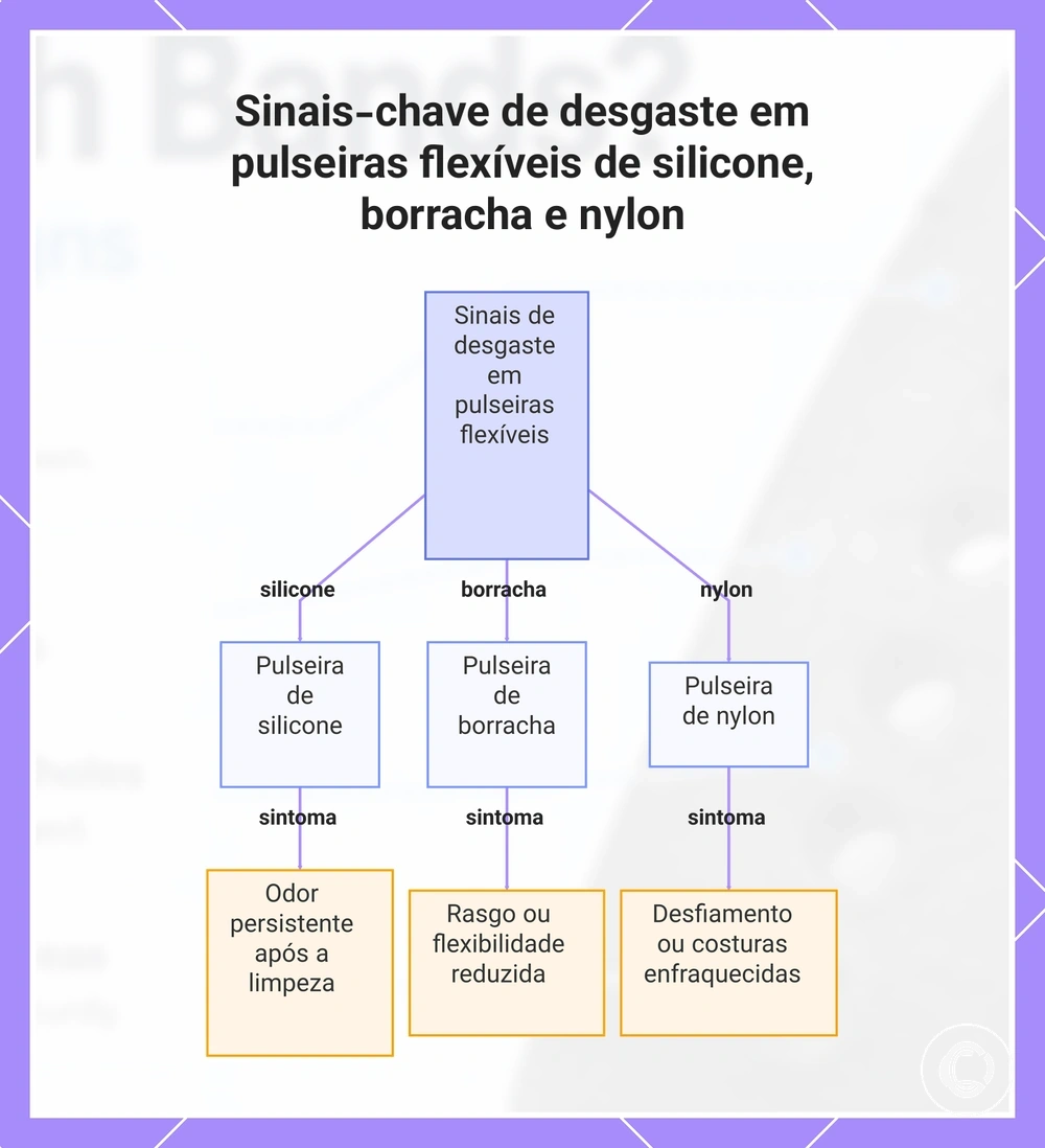 Sinais-chave de desgaste em pulseiras flexíveis de silicone, borracha e nylon