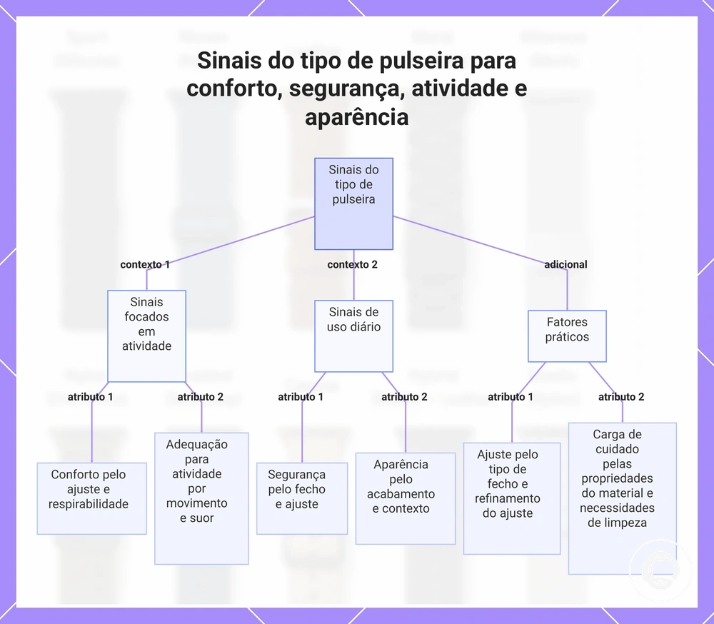 Sinais do tipo de pulseira para conforto, segurança, atividade e aparência