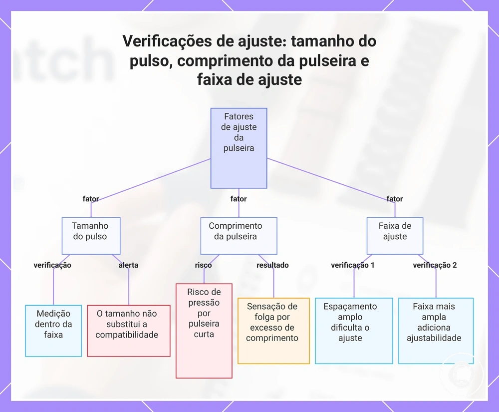Verificações de ajuste: tamanho do pulso, comprimento da pulseira e faixa de ajuste
