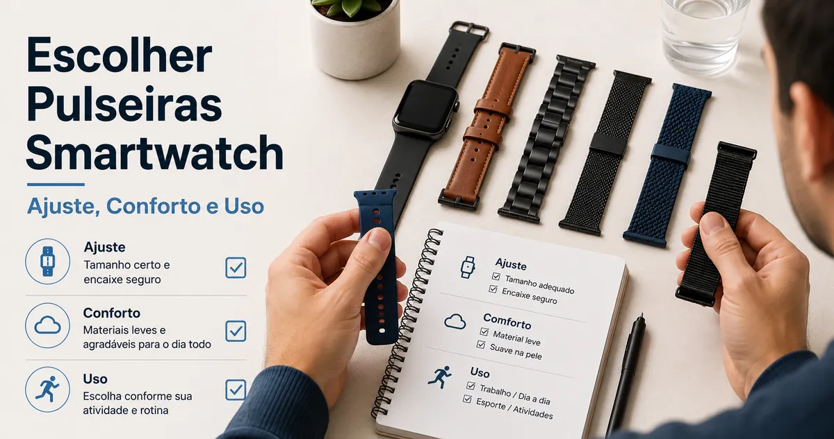Pessoa comparando pulseiras para smartwatch por ajuste, conforto e tipo de uso