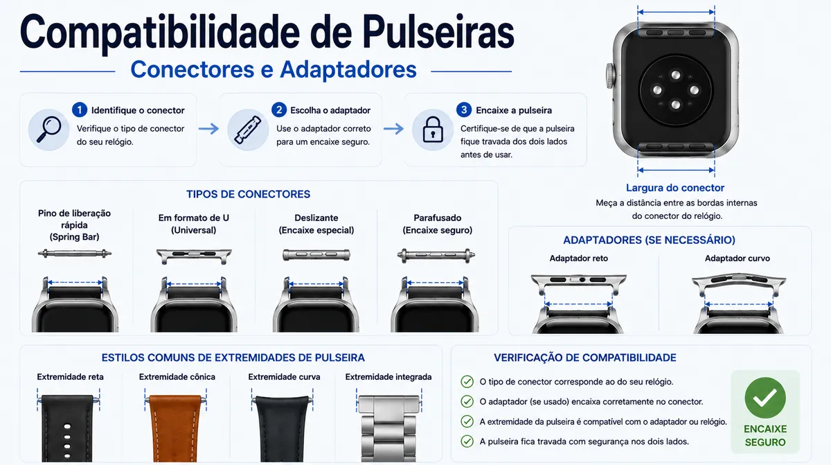 Conectores, adaptadores e pontas de pulseiras usados para conferir a compatibilidade do smartwatch