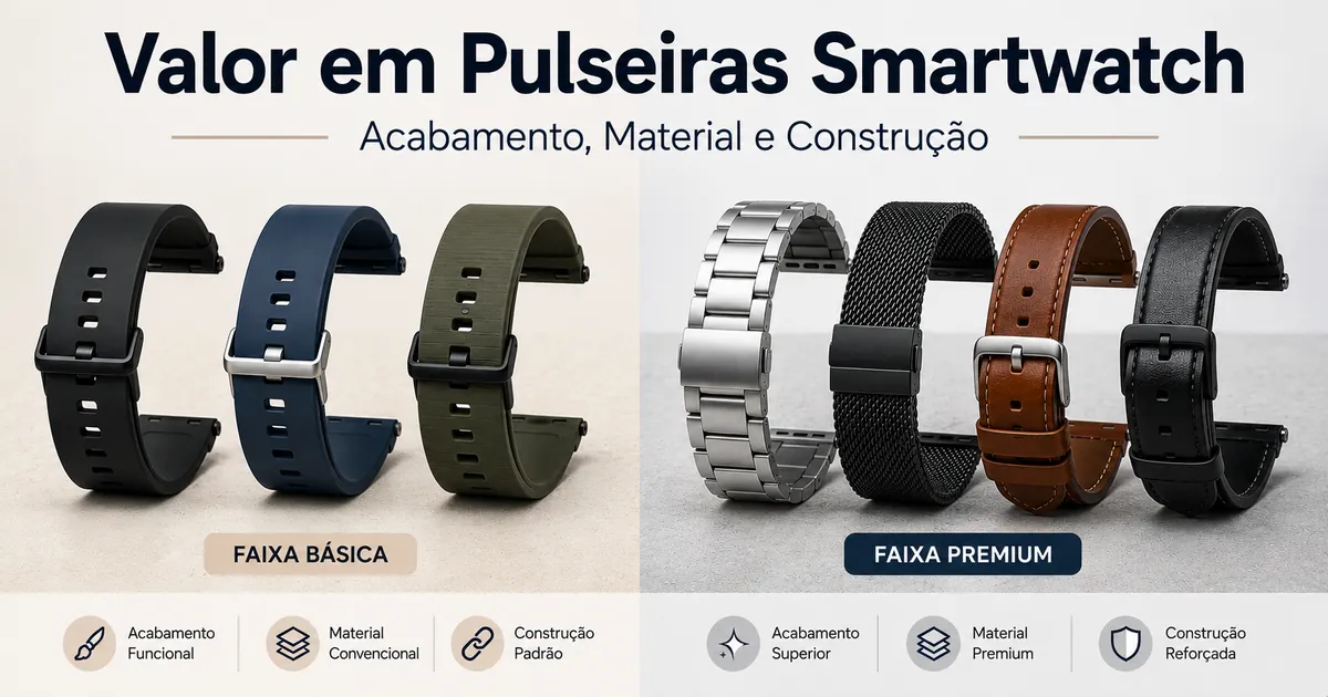 Pulseiras para smartwatch de faixas diferentes comparadas por acabamento, material e construção