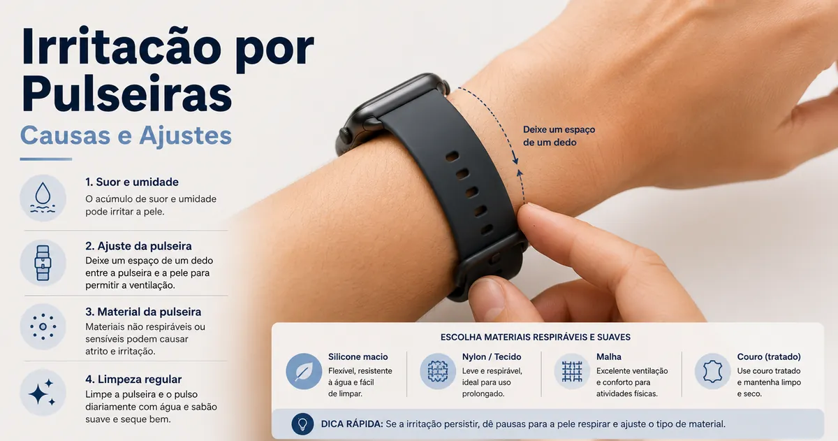 Ajuste e material de uma pulseira para smartwatch verificados para reduzir irritação no pulso