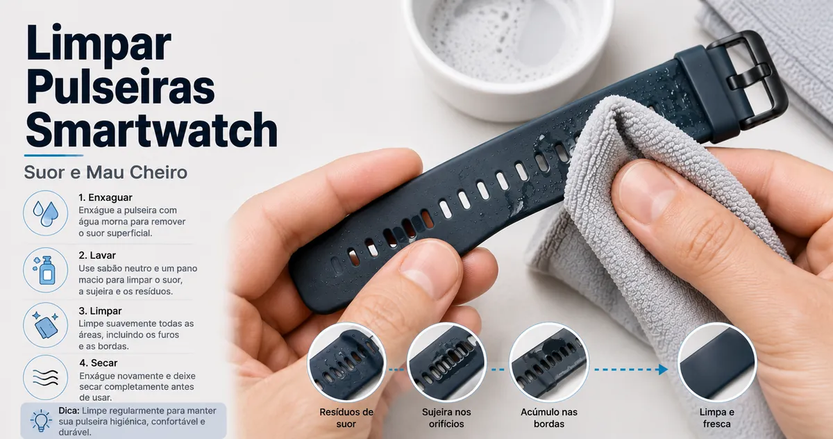 Pulseira para smartwatch sendo limpa com um pano para remover suor e acúmulo de odor