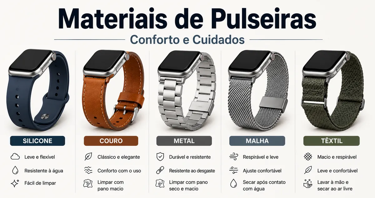 Pulseiras para smartwatch feitas de silicone, couro, metal, malha e materiais têxteis