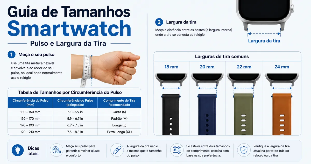 Tabela de tamanhos de pulseiras para smartwatch com exemplos de medida do pulso e largura da tira