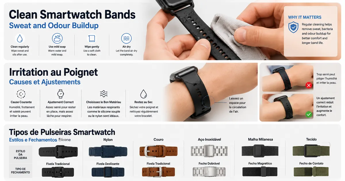Diferentes tipos de pulseiras para smartwatch organizadas por estilo de tira e fechamento