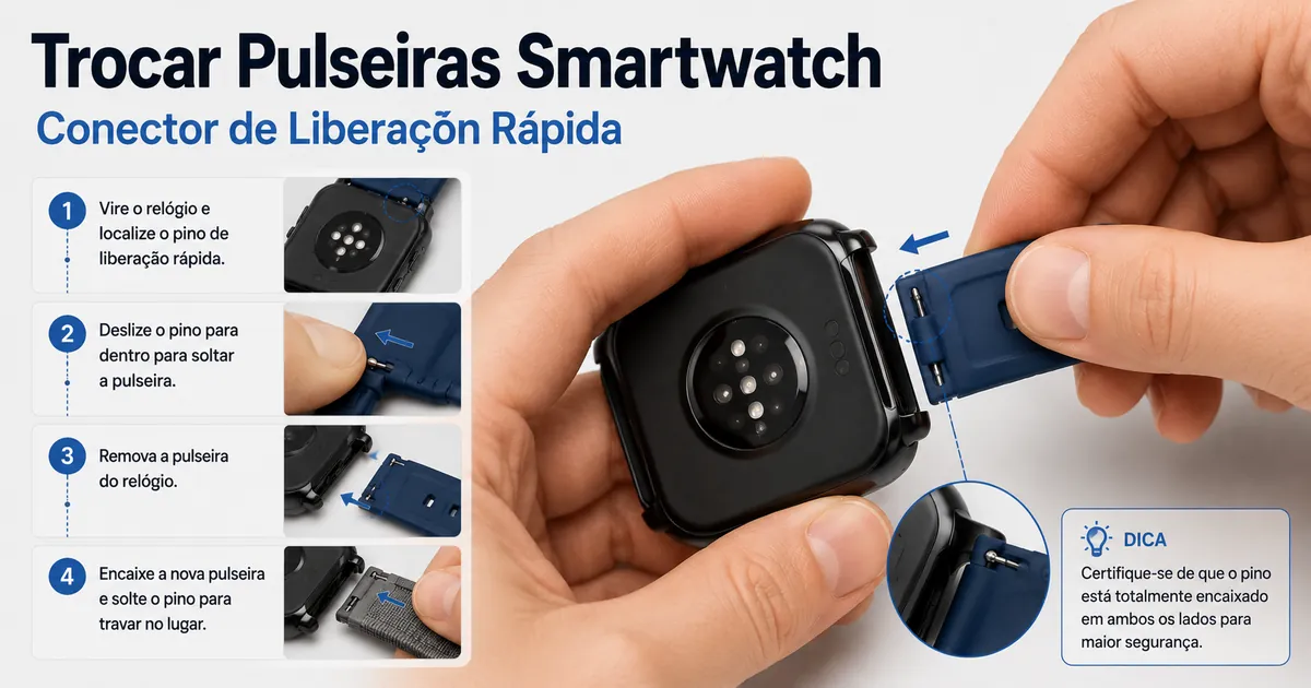 Mãos trocando uma pulseira para smartwatch com conector de liberação rápida