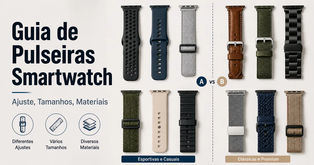 Várias pulseiras para smartwatch com diferentes tamanhos, materiais e estilos de tira