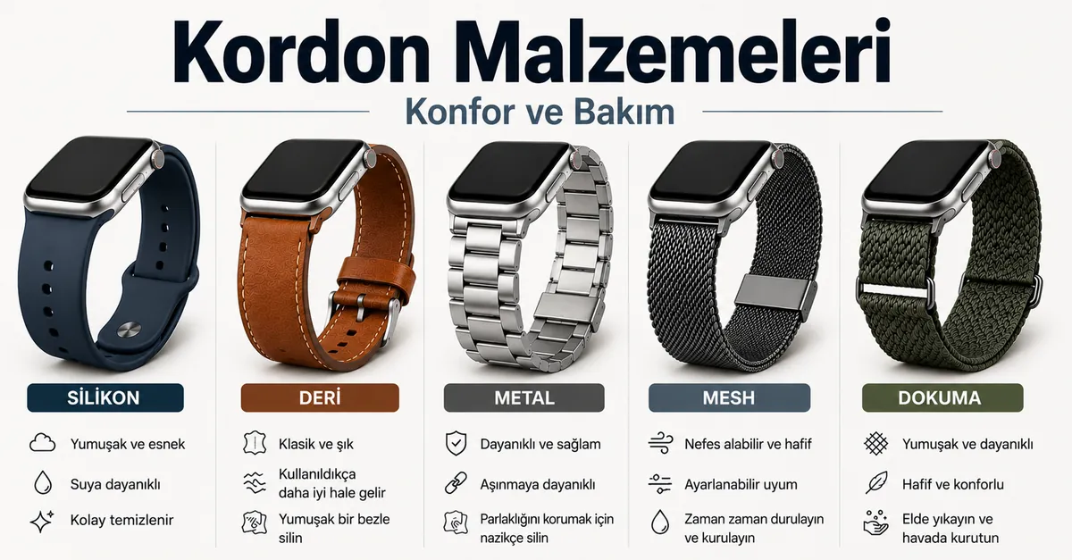 Silikon, deri, metal, örgü ve dokuma malzemelerden yapılmış akıllı saat kordonları