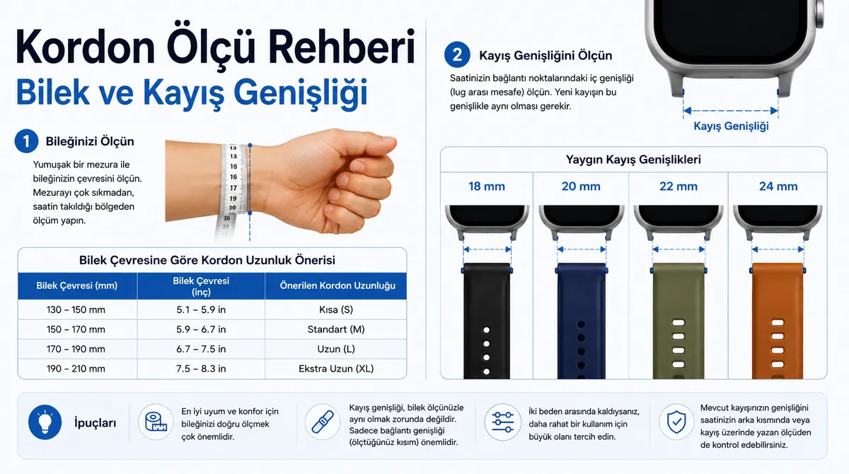 Bilek ölçüsü ve kayış genişliği örnekleriyle akıllı saat kordonu ölçü tablosu