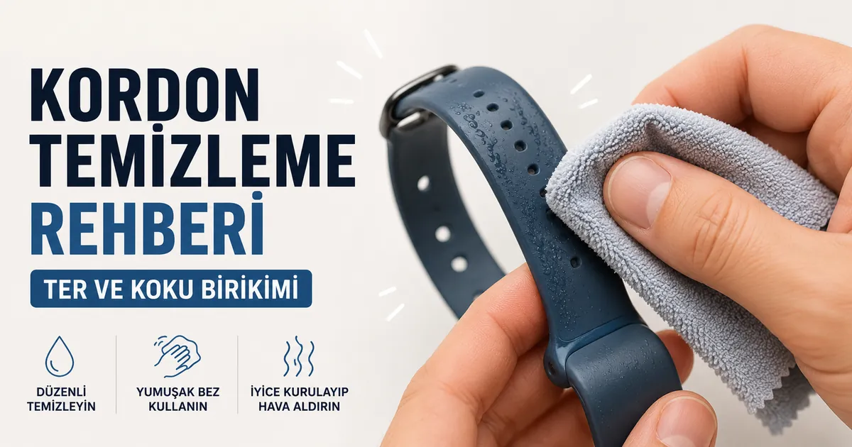 Ter ve koku birikimini gidermek için bezle temizlenen akıllı saat kordonu