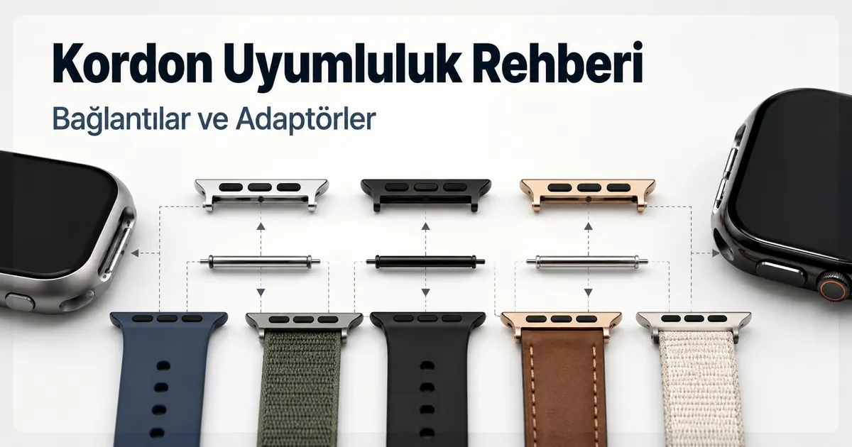 Akıllı saat kordonu uyumluluğunu kontrol etmek için kullanılan bağlantılar, adaptörler ve kayış uçları